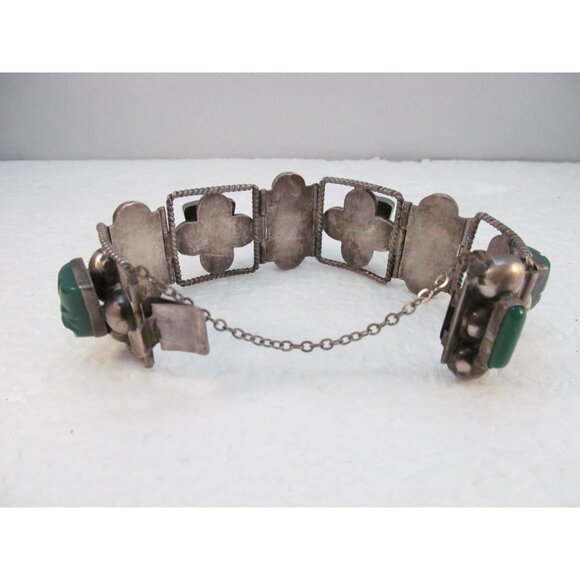 Sterling Silver Carved Green Onyx Tribal Face Mexican Link Bracelet Size 6.75 - Picture 8 of 16